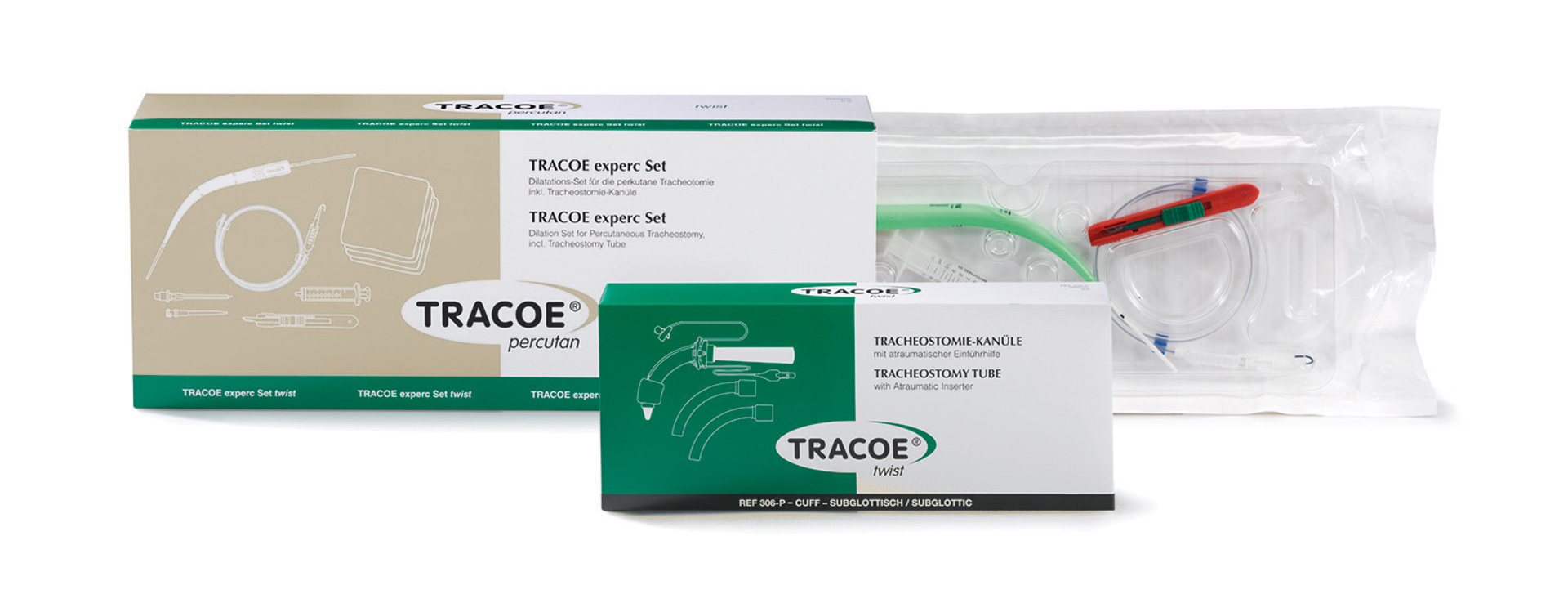 Packaging of Tracoe Experc + Twist Plus Tracheostomy Products placed on a white background. The package is open and shows the contents. The Tracoe Twist Plus tube package is placed in the foreground.