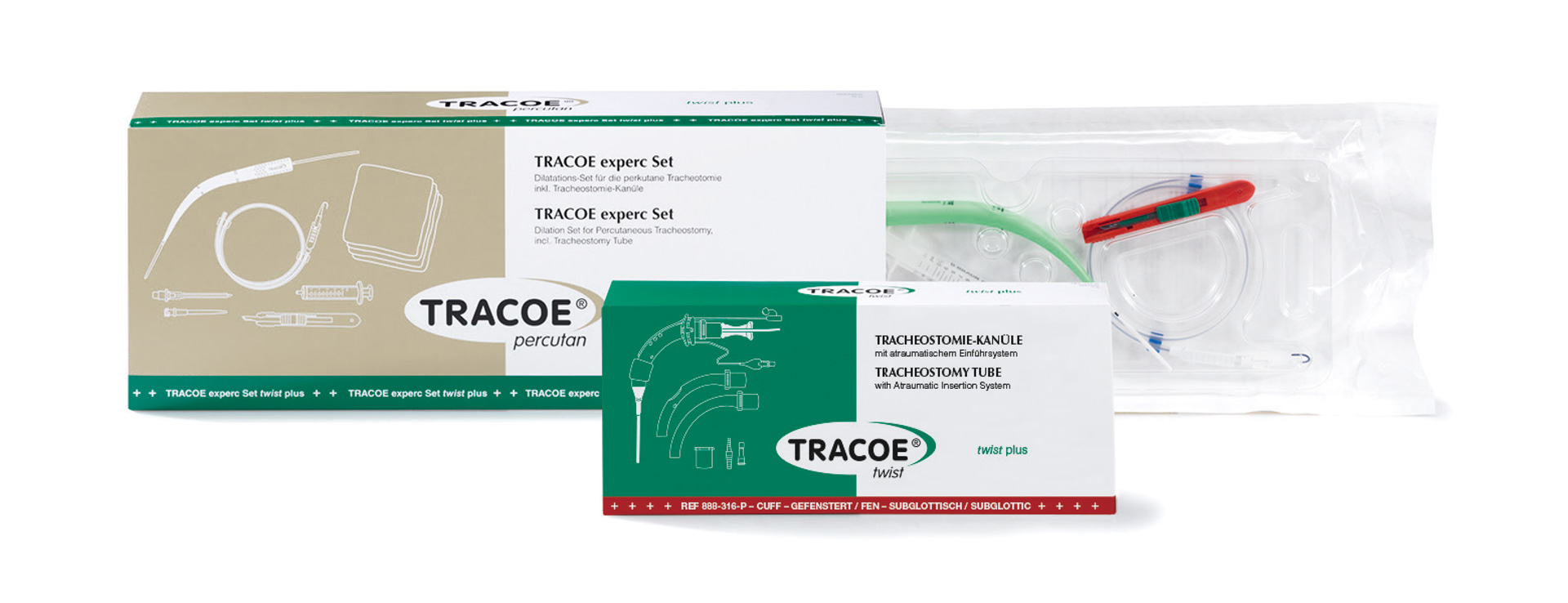 Packaging of Tracoe Experc + Twist Plus Tracheostomy Products placed on a white background. The package is open and shows the contents. The Tracoe Twist Plus tube package is placed in the foreground.