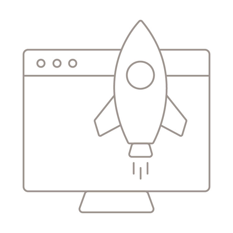 Simple line illustration of a monitor and a rocket, symbolizing a website launch.